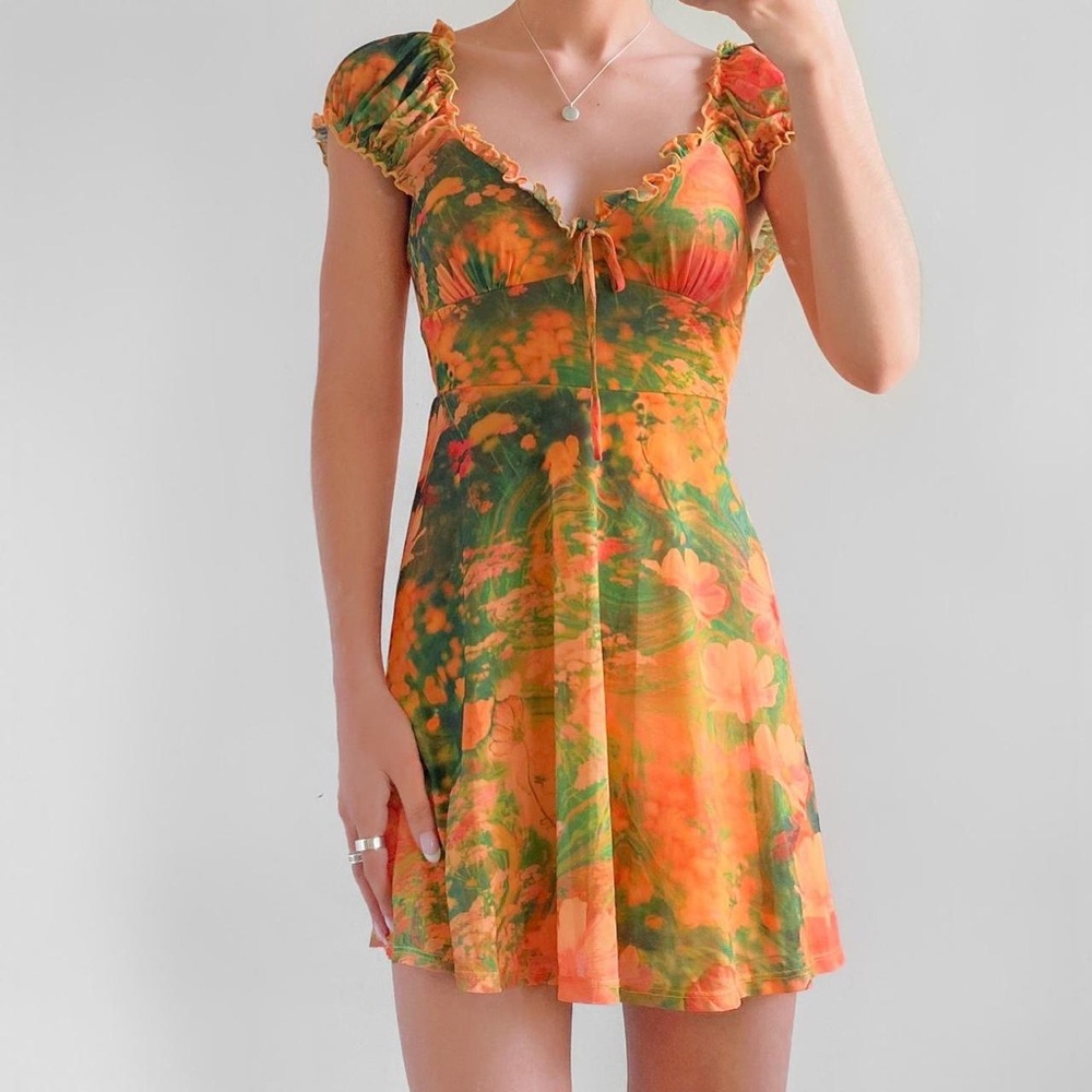 Urban Outfitters Audrey Mesh Mini Dress - Orange Floral Retro 70s